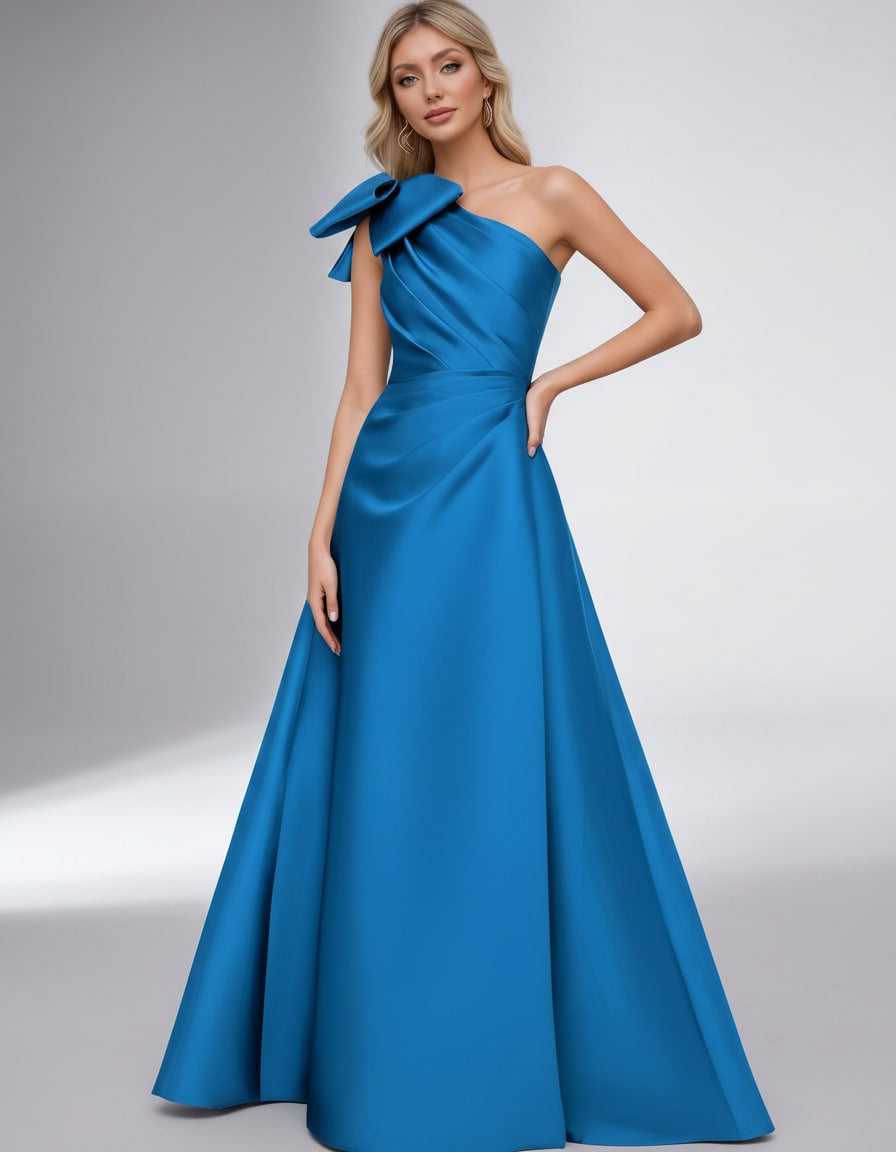 Celestia Maxi Dress by Lauven — satin one shoulder A-line maxi dress with bow