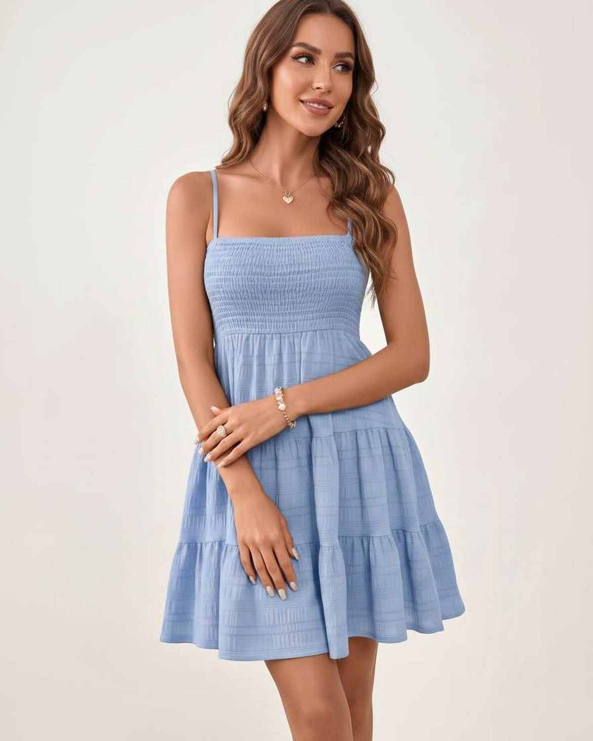 Solara Mini Dress by Lauven — textured sleeveless square neck tiered swing mini dress