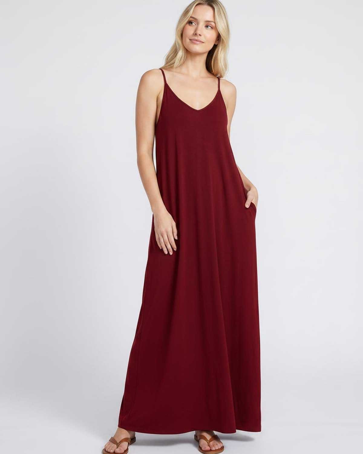 Solenne Maxi Dress by Lauven — soft stretch sleeveless V-neck relaxed A-line maxi dress