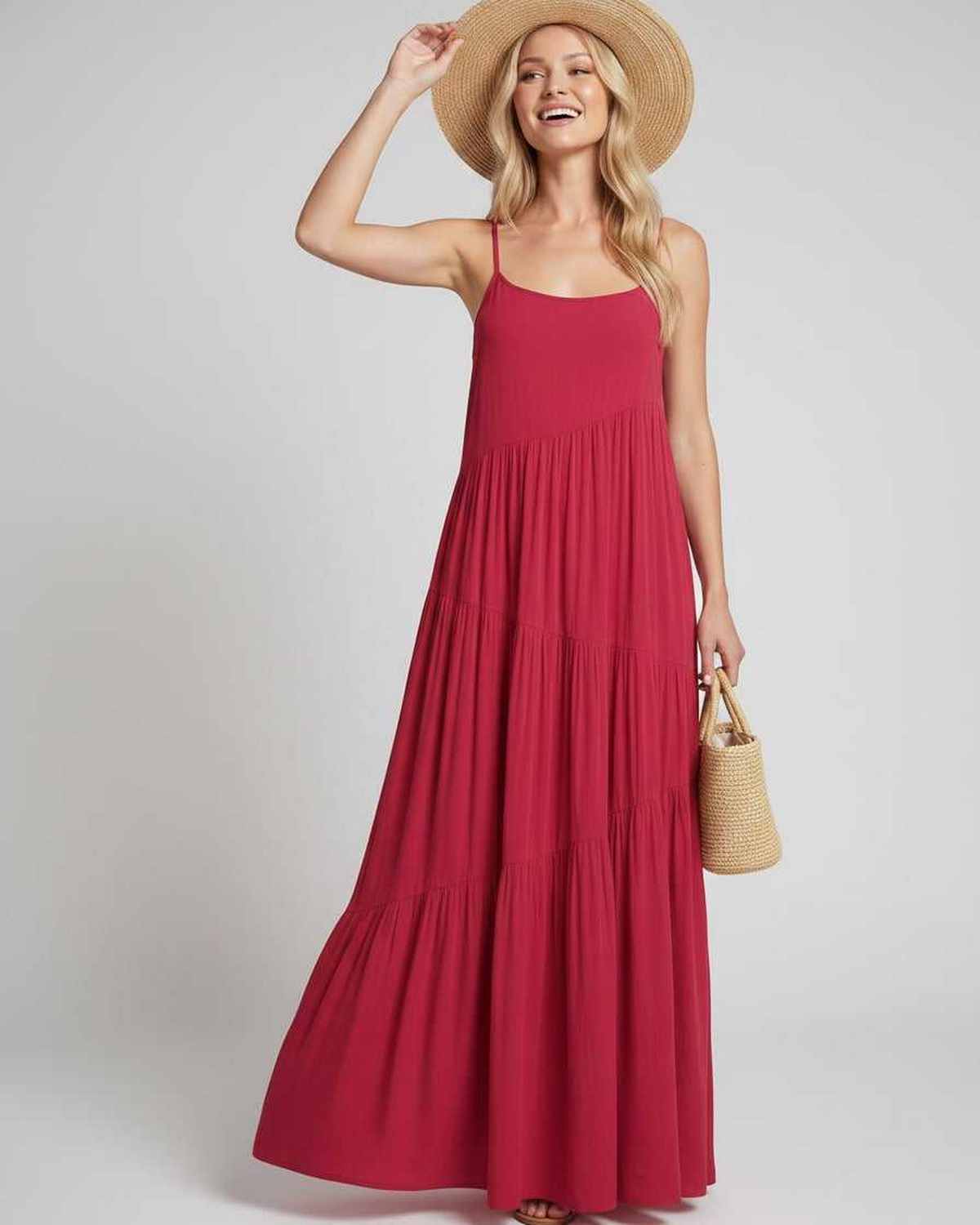 Solenne Maxi Dress by Lauven — rayon blend sleeveless scoop neck tiered A-line maxi dress