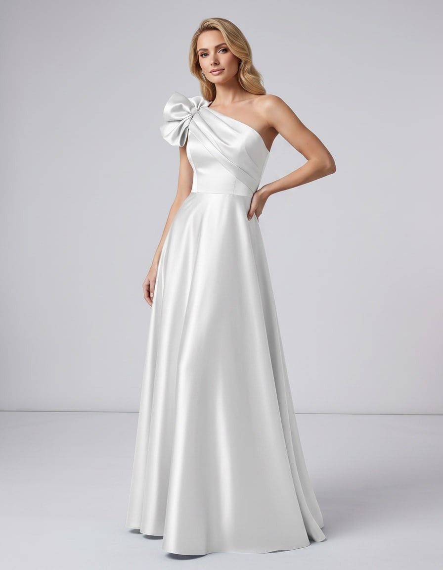 Aurevina Maxi Dress by Lauven — satin one shoulder A-line maxi dress with ruffle detail