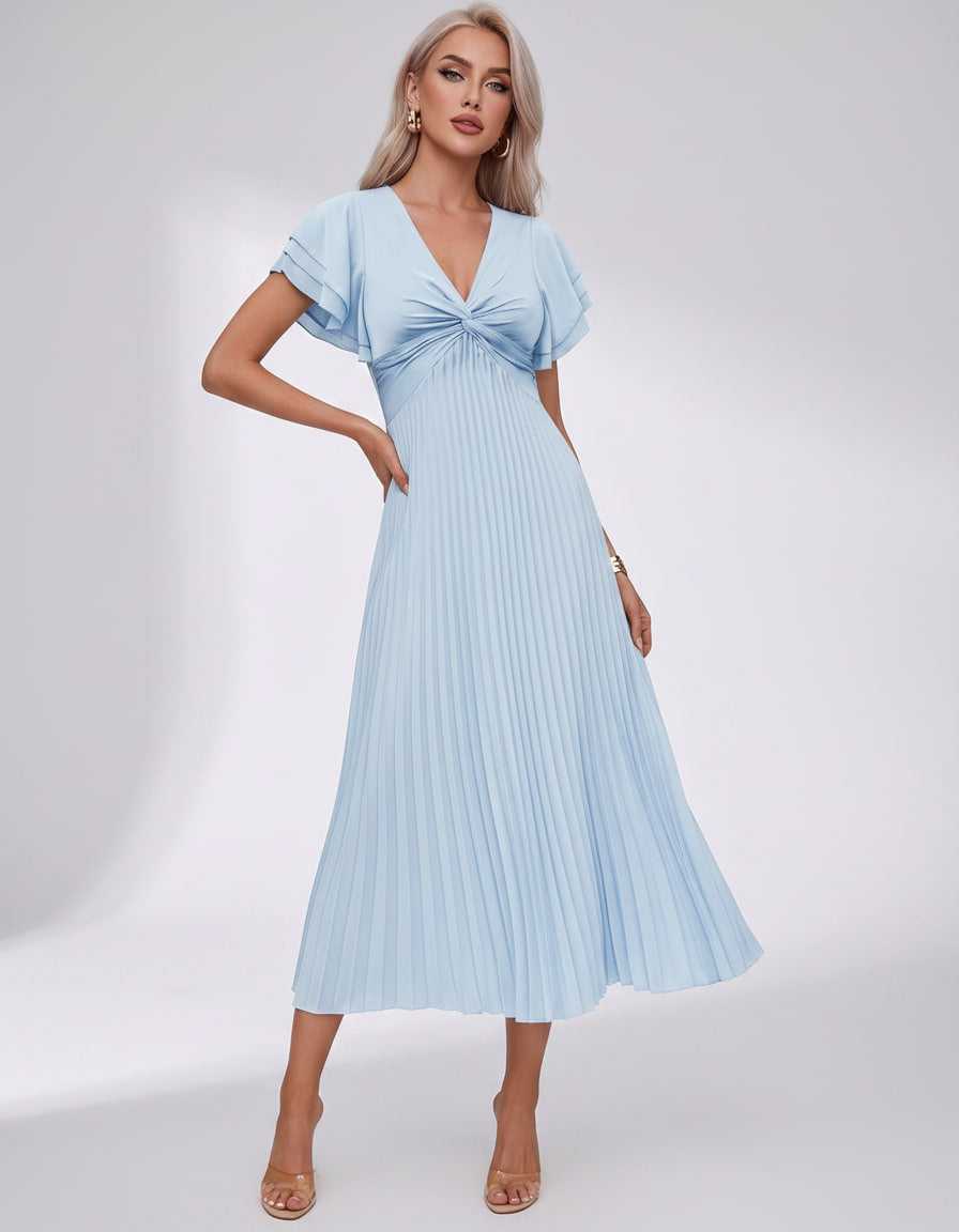 Veloura Midi Dress by Lauven — pleated chiffon flutter sleeve V-neck A-line midi dress