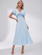 Veloura Midi Dress by Lauven — pleated chiffon flutter sleeve V-neck A-line midi dress
