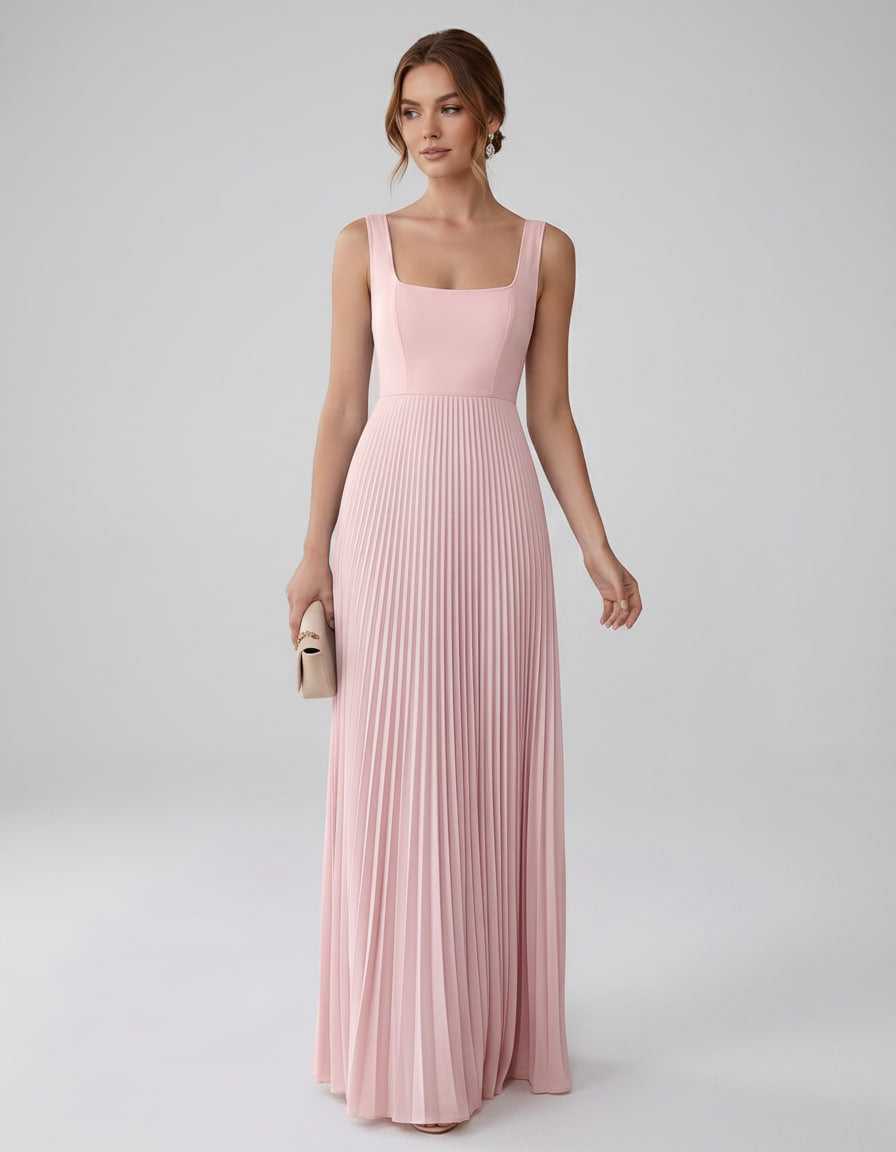 Veloura Maxi Dress by Lauven — satin chiffon sleeveless square neck pleated A-line maxi dress