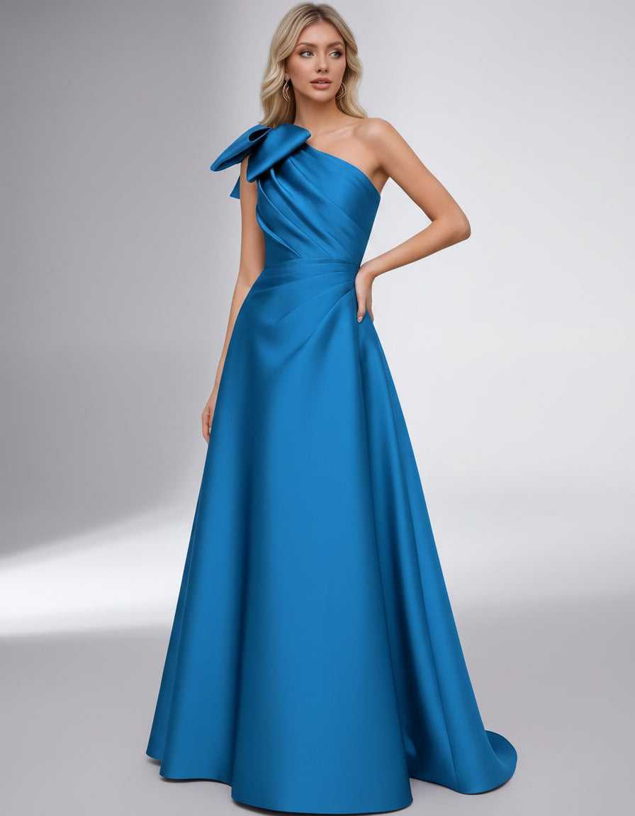 Celestia Maxi Dress by Lauven — satin one shoulder A-line maxi dress with bow
