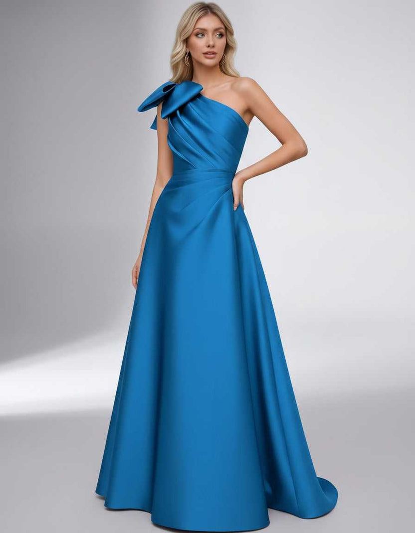 Celestia Maxi Dress by Lauven — satin one shoulder A-line maxi dress with bow