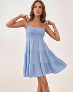 Solara Mini Dress by Lauven — textured sleeveless square neck tiered swing mini dress