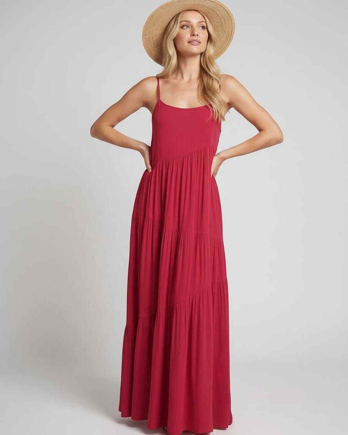 Solenne Maxi Dress by Lauven — rayon blend sleeveless scoop neck tiered A-line maxi dress