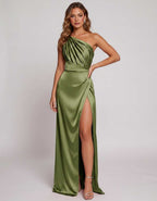 Veloura Maxi Dress by Lauven — satin one-shoulder mermaid maxi dress with slit