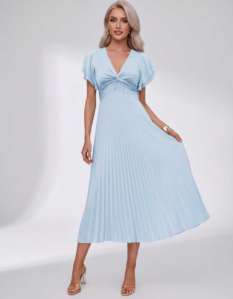 Veloura Midi Dress by Lauven — pleated chiffon flutter sleeve V-neck A-line midi dress
