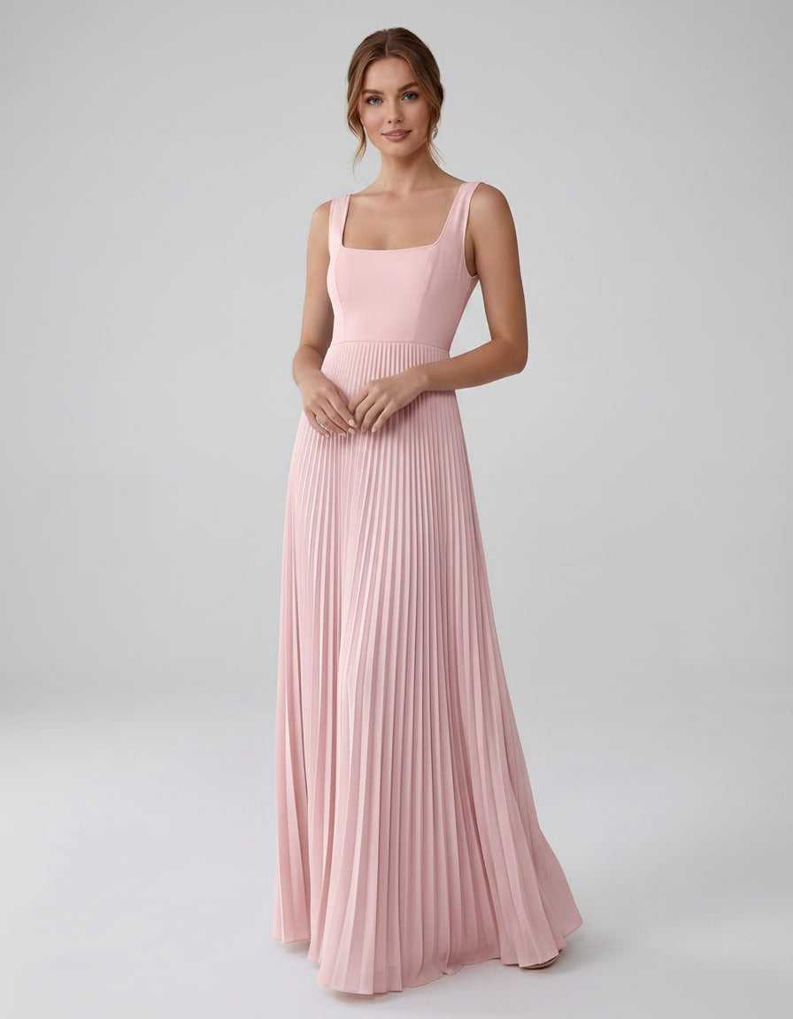 Veloura Maxi Dress by Lauven — satin chiffon sleeveless square neck pleated A-line maxi dress