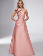 Celestia Maxi Dress by Lauven — satin one shoulder A-line maxi dress with bow