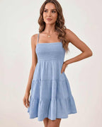 Solara Mini Dress by Lauven — textured sleeveless square neck tiered swing mini dress