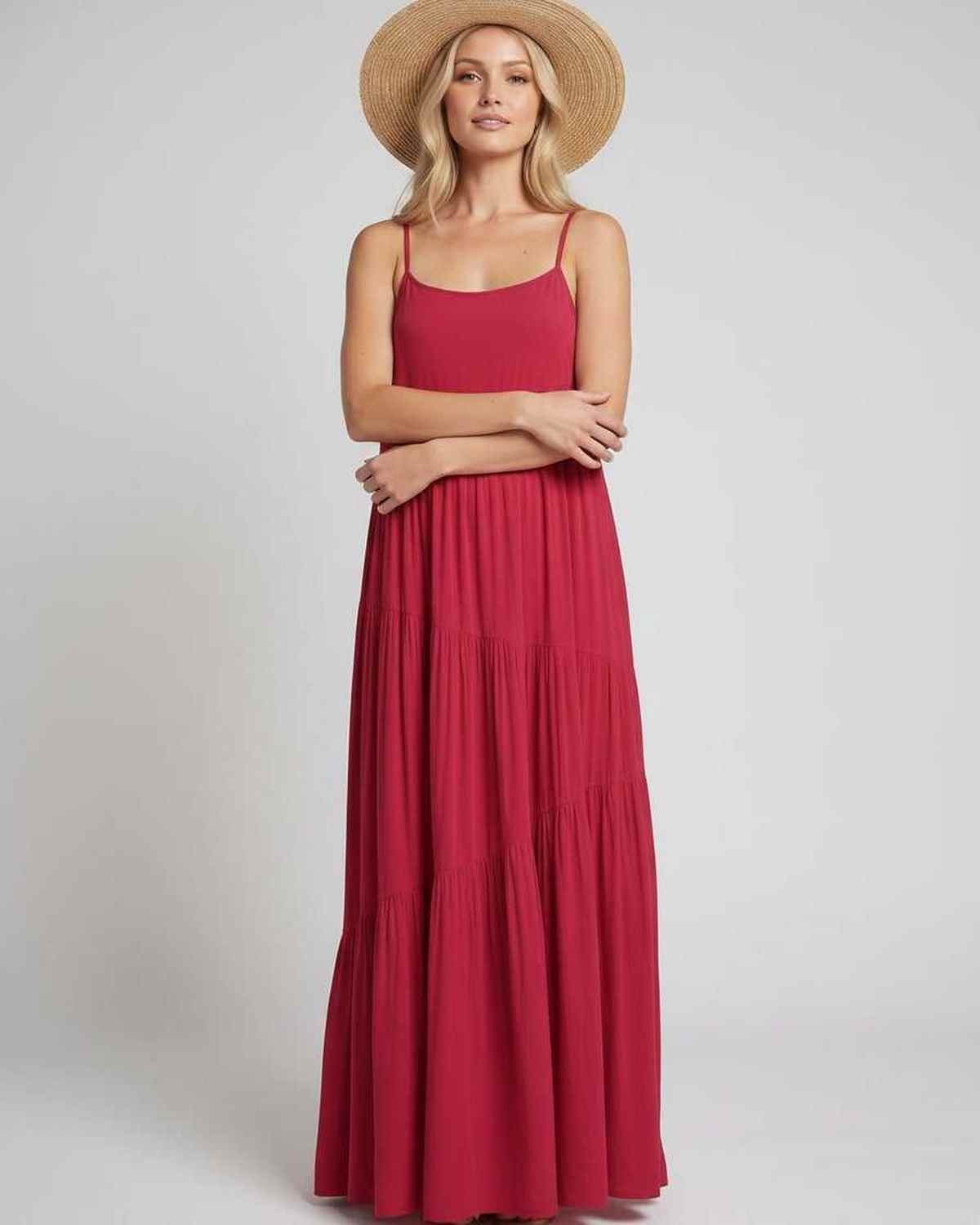 Solenne Maxi Dress by Lauven — rayon blend sleeveless scoop neck tiered A-line maxi dress