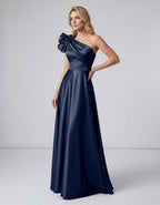 Aurevina Maxi Dress by Lauven — satin one shoulder A-line maxi dress with ruffle detail