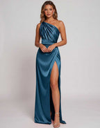 Veloura Maxi Dress by Lauven — satin one-shoulder mermaid maxi dress with slit