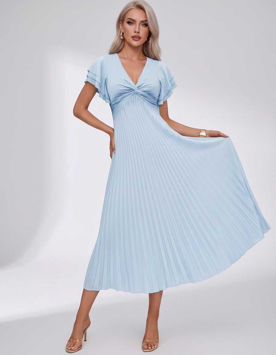 Veloura Midi Dress by Lauven — pleated chiffon flutter sleeve V-neck A-line midi dress