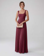 Veloura Maxi Dress by Lauven — satin chiffon sleeveless square neck pleated A-line maxi dress