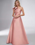 Celestia Maxi Dress by Lauven — satin one shoulder A-line maxi dress with bow