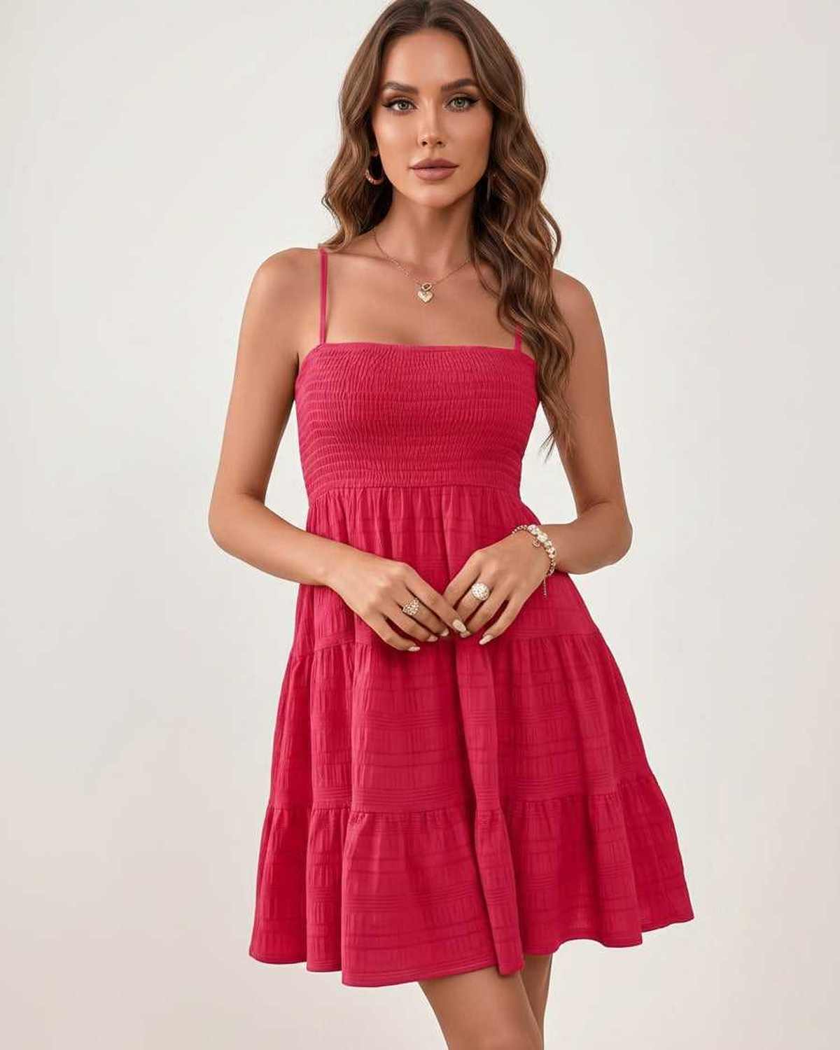 Solara Mini Dress by Lauven — textured sleeveless square neck tiered swing mini dress