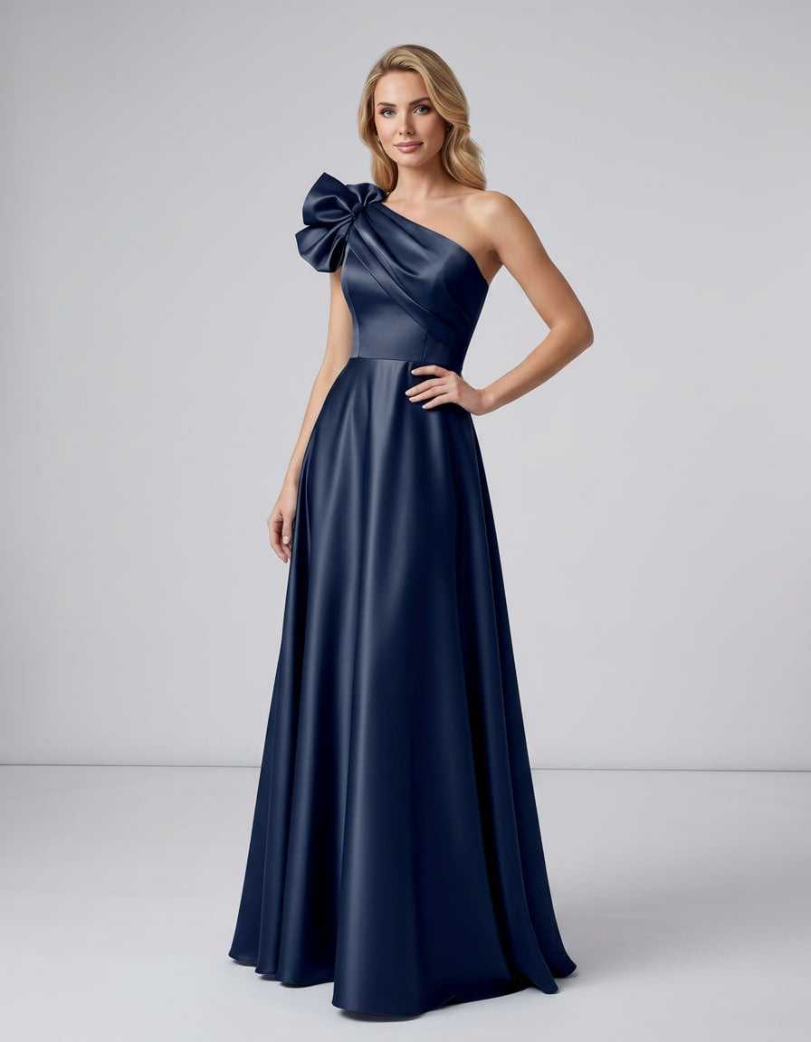 Aurevina Maxi Dress by Lauven — satin one shoulder A-line maxi dress with ruffle detail