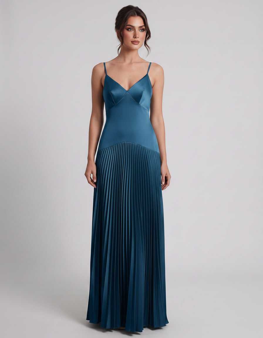 Veloura Maxi Dress by Lauven — satin spaghetti strap V-neck A-line maxi dress