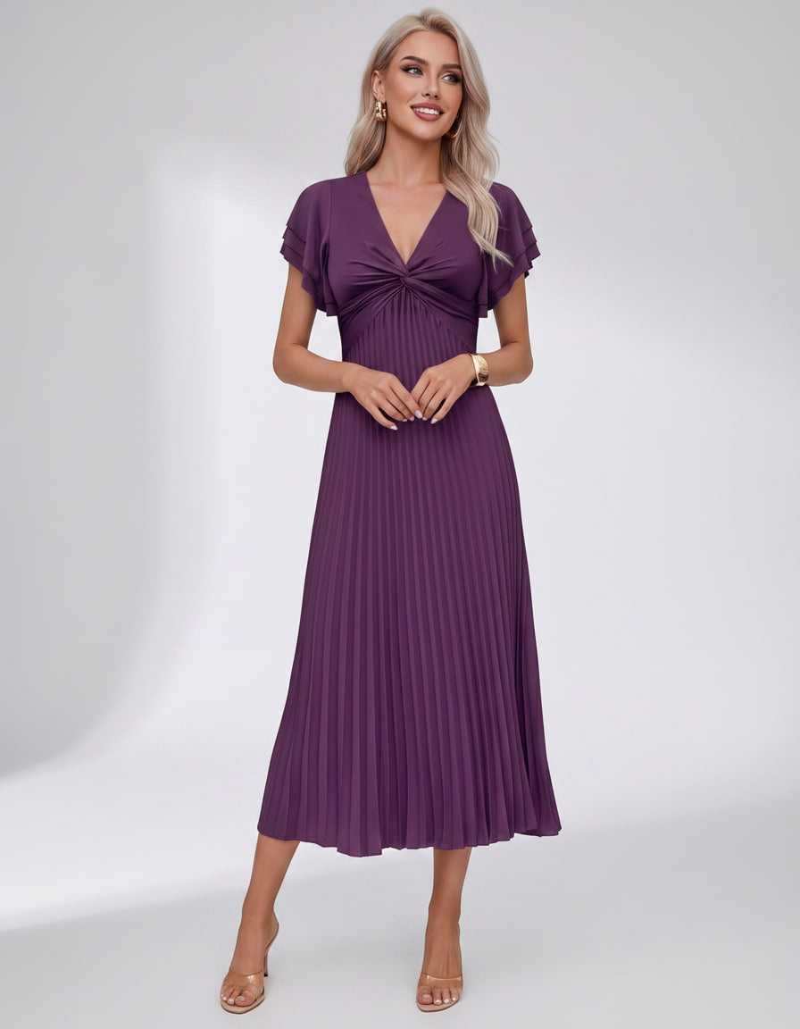 Veloura Midi Dress by Lauven — pleated chiffon flutter sleeve V-neck A-line midi dress