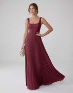 Veloura Maxi Dress by Lauven — satin chiffon sleeveless square neck pleated A-line maxi dress