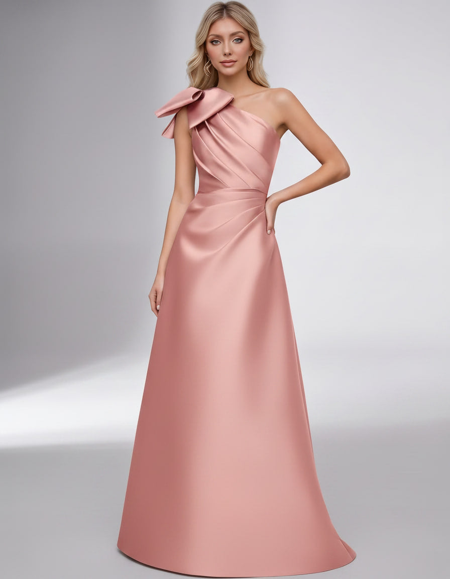 Celestia Maxi Dress by Lauven — satin one shoulder A-line maxi dress with bow