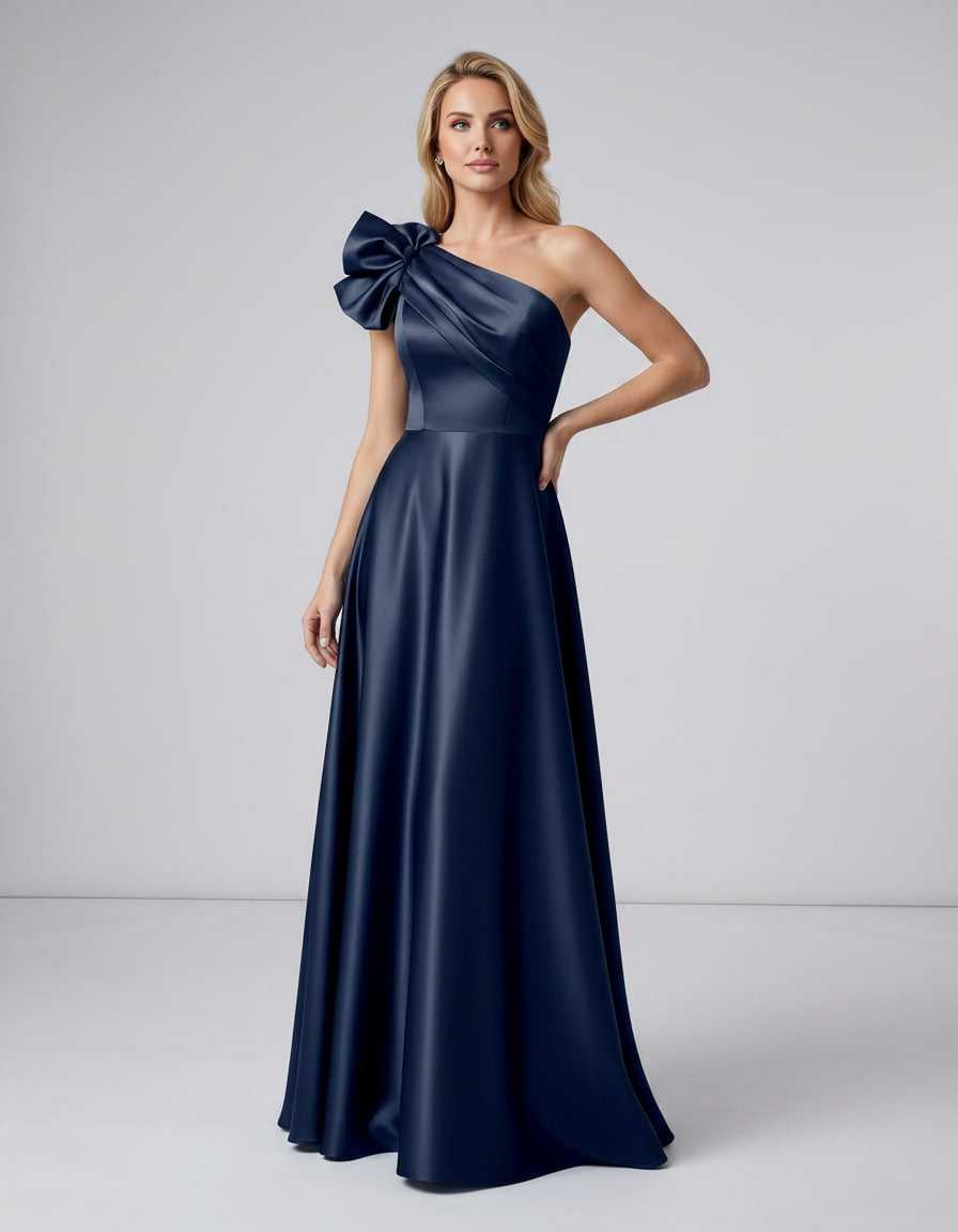 Aurevina Maxi Dress by Lauven — satin one shoulder A-line maxi dress with ruffle detail