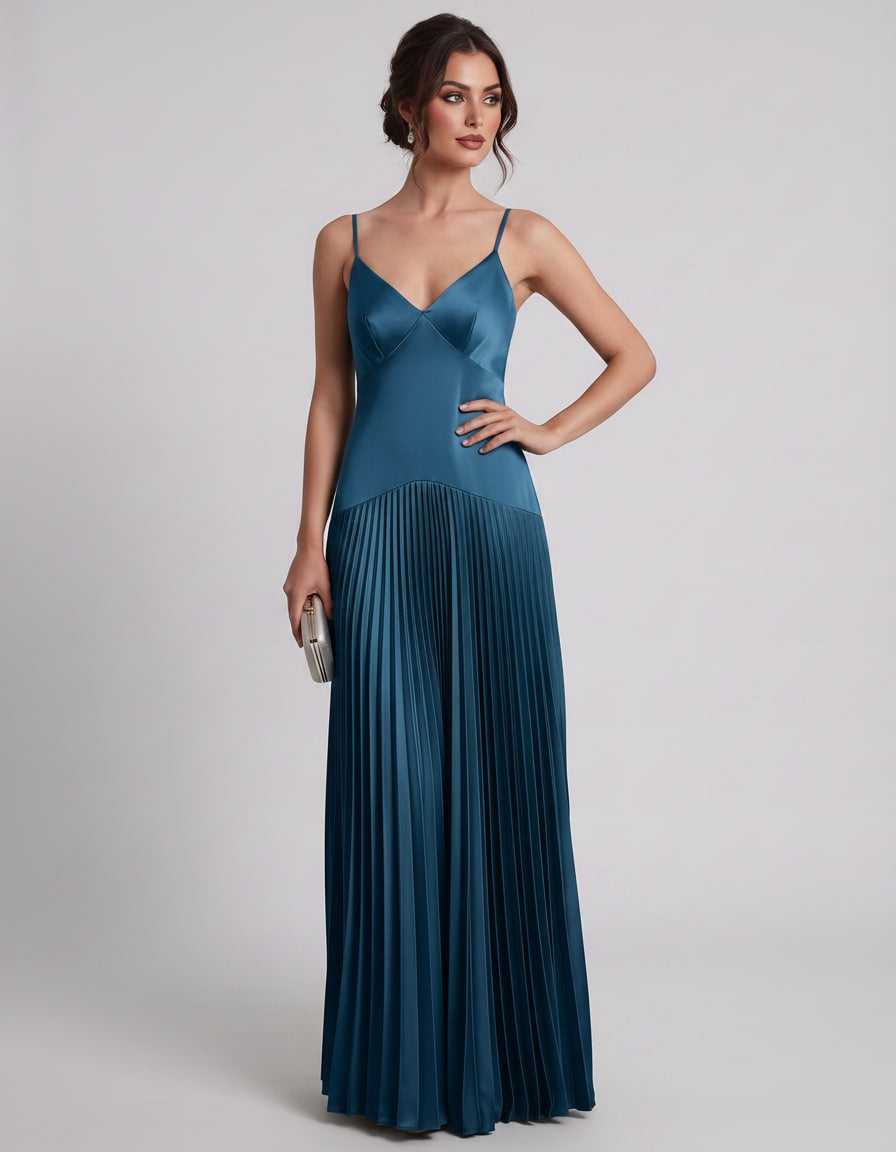 Veloura Maxi Dress by Lauven — satin spaghetti strap V-neck A-line maxi dress