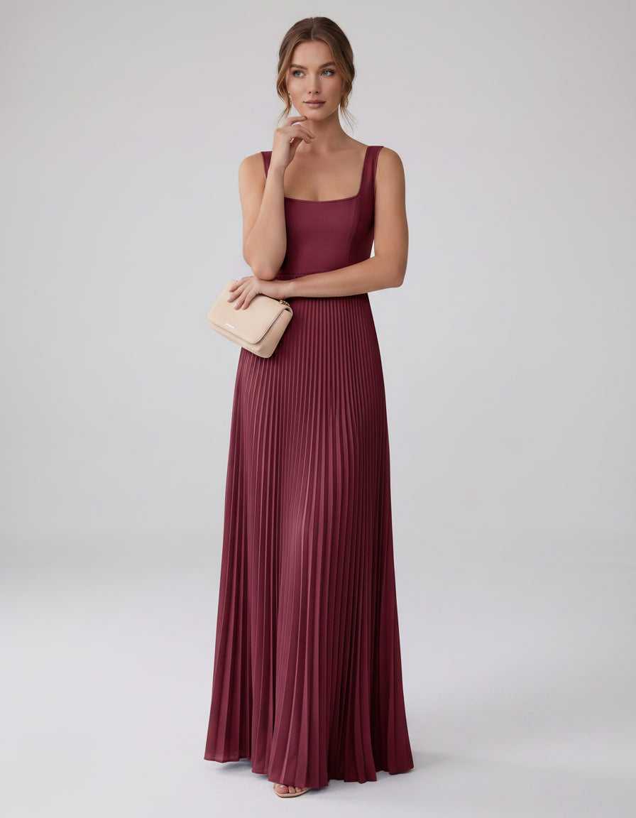 Veloura Maxi Dress by Lauven — satin chiffon sleeveless square neck pleated A-line maxi dress