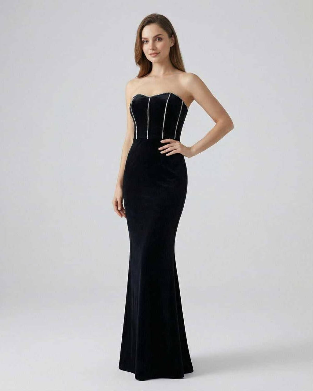 Celeste Maxi Dress by Lauven - Strapless Black Velvet Evening Gown with elegant fit and trumpet silhouette.