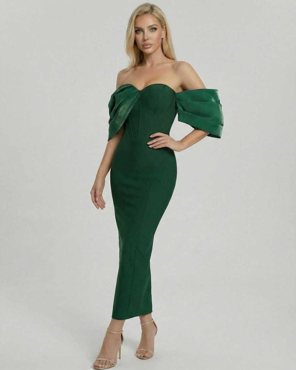 Verona Midi Dress by Lauven - Elegant green off the shoulder midi dress for evening and cocktail events.