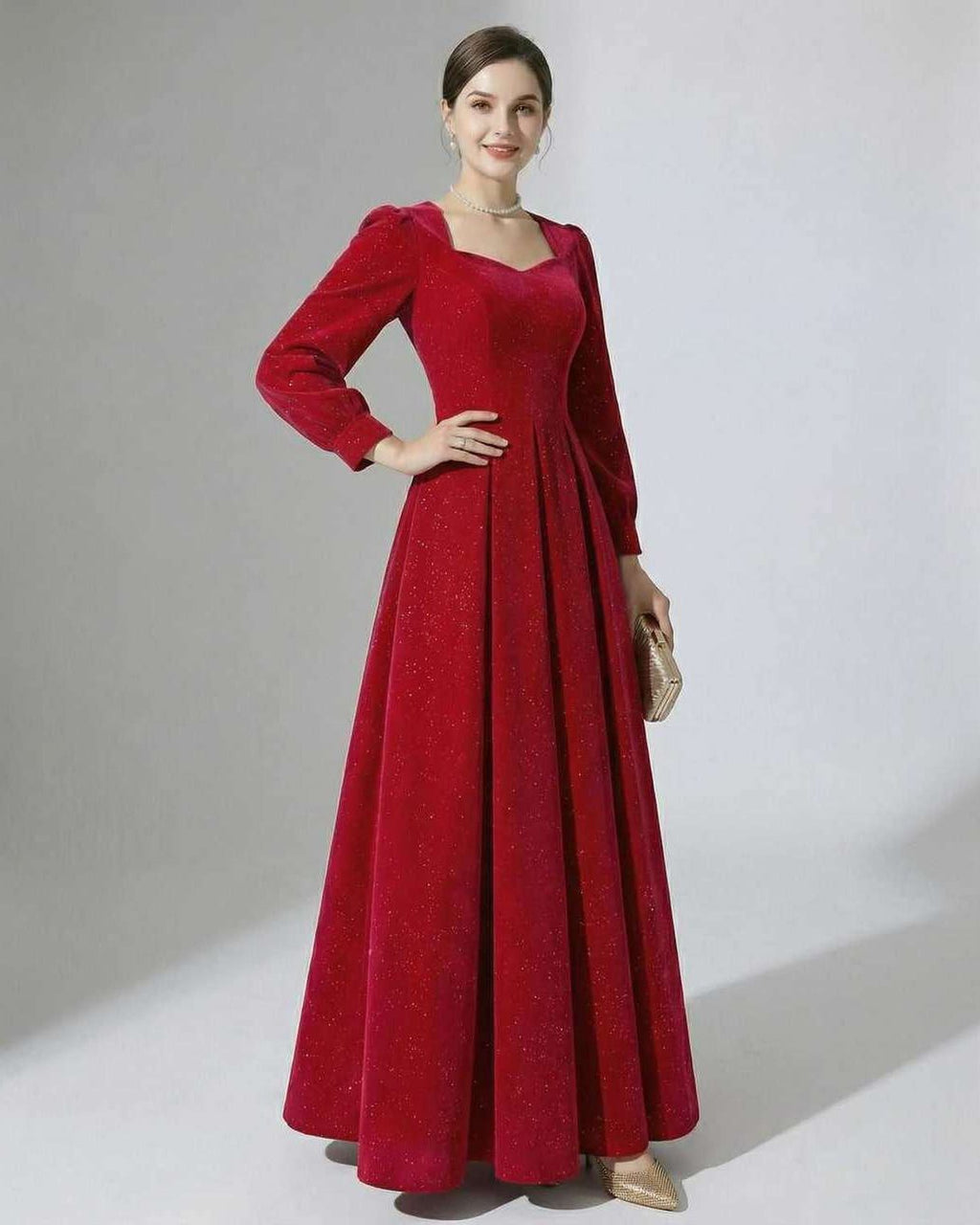 Celeste Maxi Dress by Lauven – Elegant red A-line velvet gown with puff sleeves and subtle glitter accents.