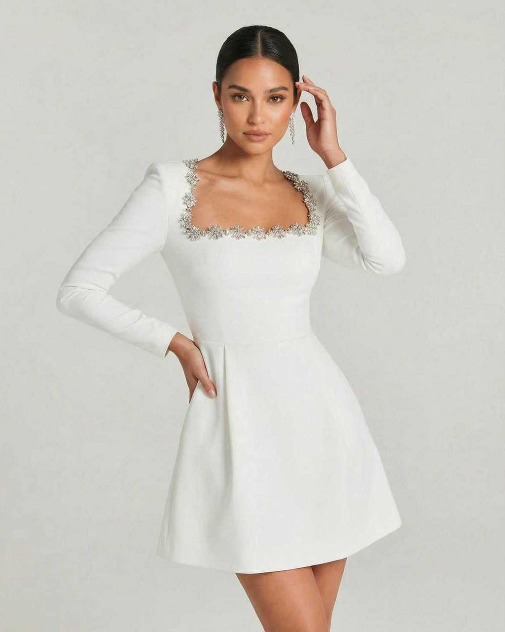 Serena Mini Dress by Lauven featuring an elegant square collar and A-line silhouette in white.