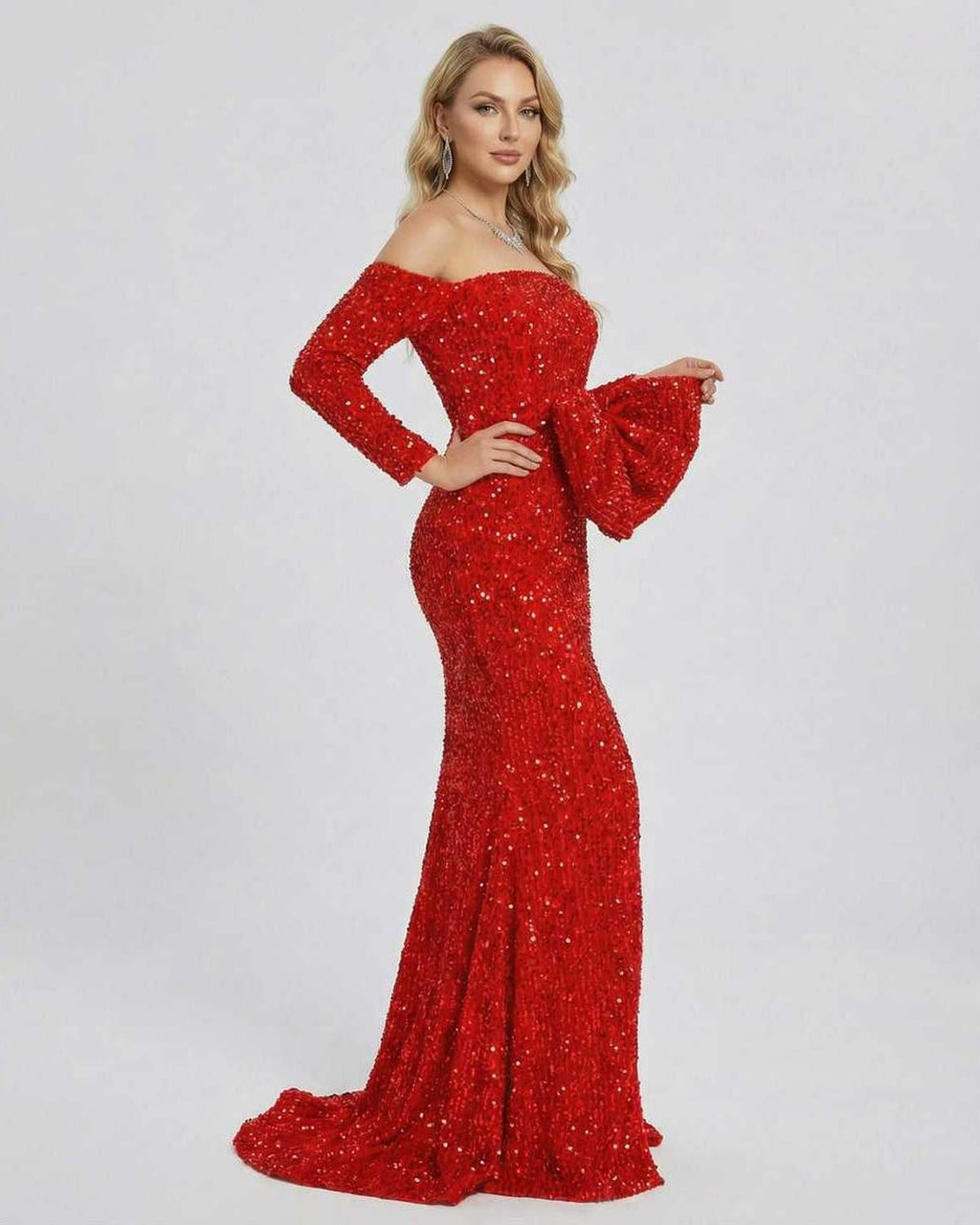 Celeste Maxi Dress by Lauven, red sequin evening gown with off-shoulder design and elegant sweep train.