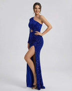 Celeste Maxi Dress by Lauven in luxe blue velvet with sequins, featuring one-shoulder design and high slit.