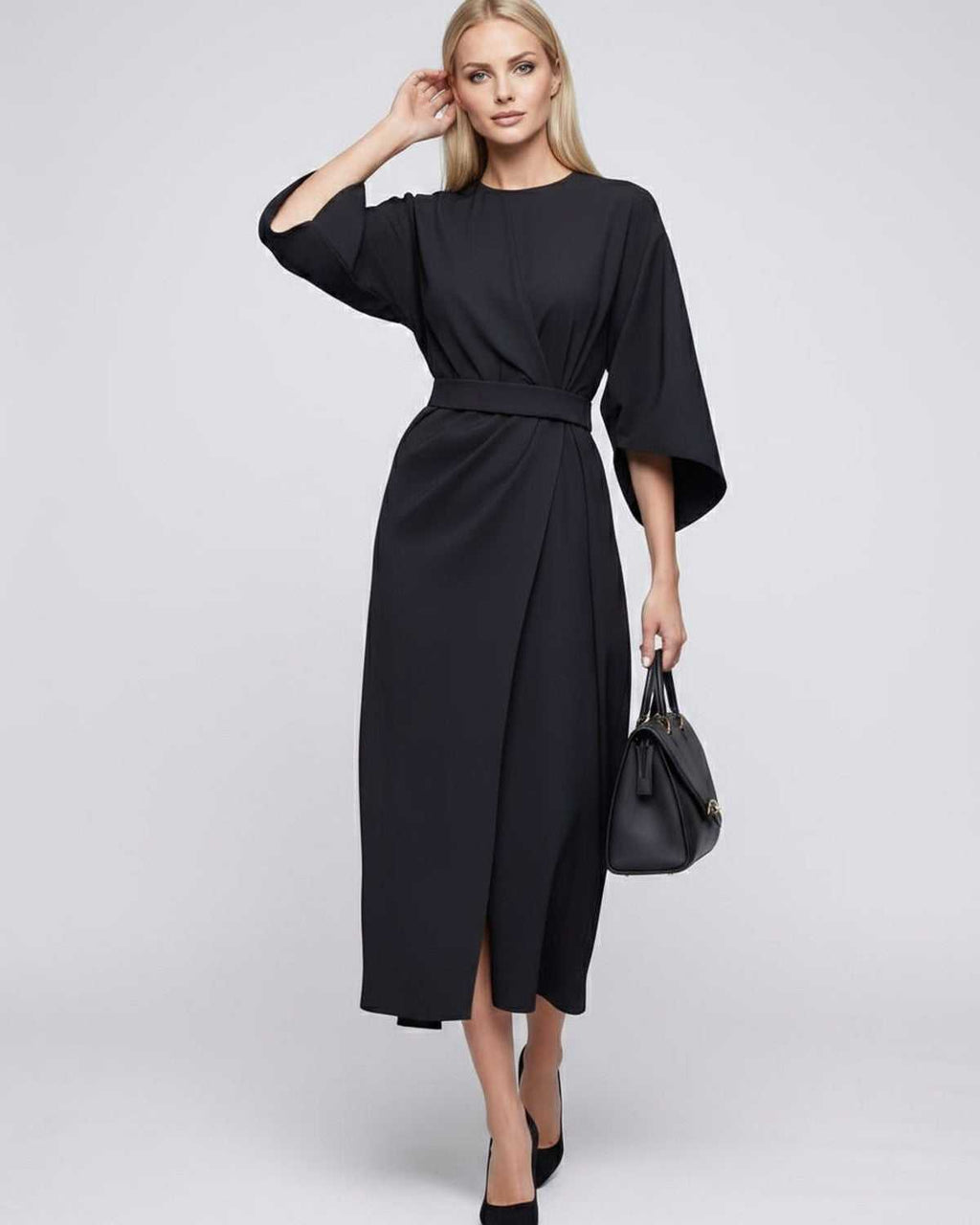 Celest Midi Dress by Lauven — breathable fabric lantern sleeve crew neck belted wrap midi dress