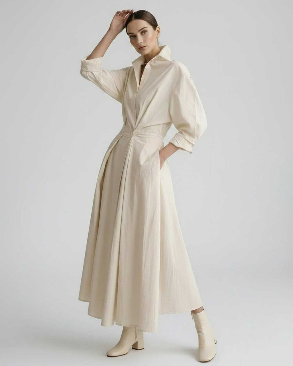 Aurelia Midi Dress by Lauven — breathable fabric long sleeve stand collar belted A-line midi dress