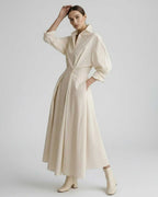 Aurelia Midi Dress by Lauven — breathable fabric long sleeve stand collar belted A-line midi dress