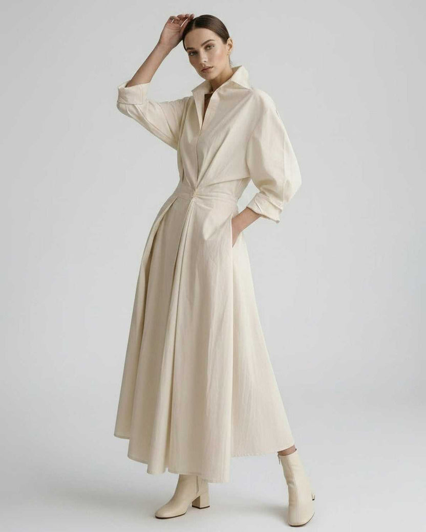Aurelia Midi Dress by Lauven — breathable fabric long sleeve stand collar belted A-line midi dress