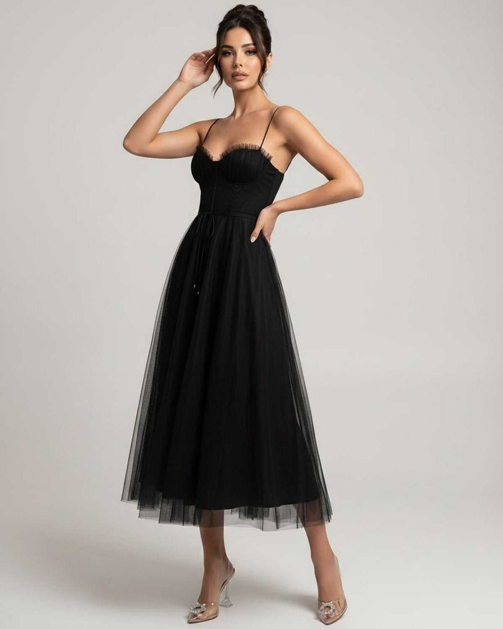 Elara Midi Dress by Lauven — tulle sleeveless sweetheart neck structured bodice midi dress