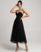 Elara Midi Dress by Lauven — tulle sleeveless sweetheart neck structured bodice midi dress