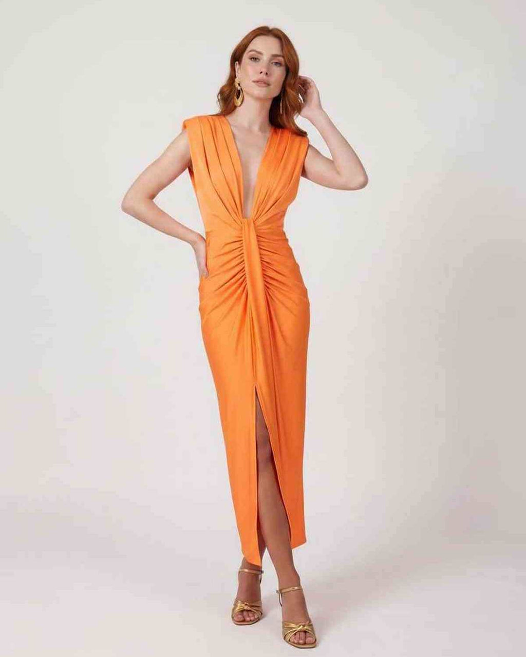 Aurelle Maxi Dress by Lauven — lightweight sleeveless deep v neck fitted maxi dress with pleats and slit