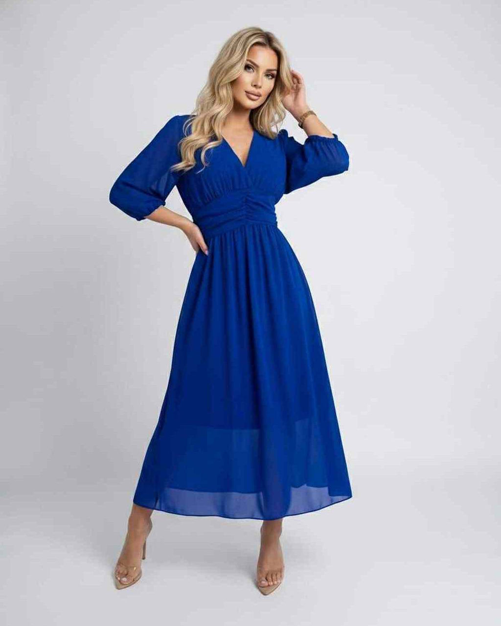 Veloura Midi Dress by Lauven — lightweight chiffon three quarter sleeve v neck A-line midi dress