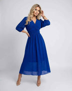 Veloura Midi Dress by Lauven — lightweight chiffon three quarter sleeve v neck A-line midi dress