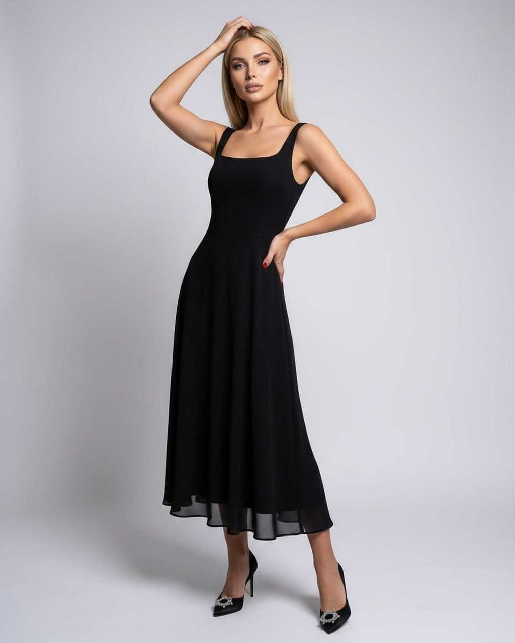 Lunara Midi Dress by Lauven — lightweight chiffon sleeveless square neck A-line midi dress
