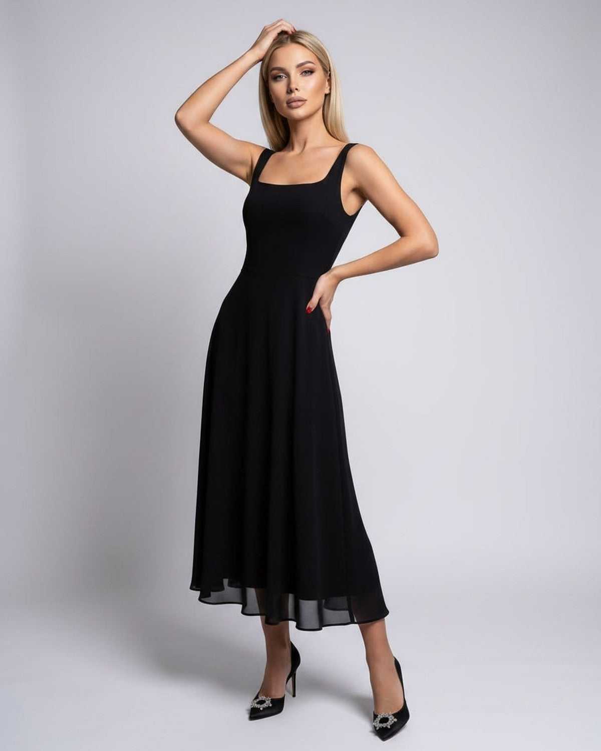 Lunara Midi Dress by Lauven — lightweight chiffon sleeveless square neck A-line midi dress