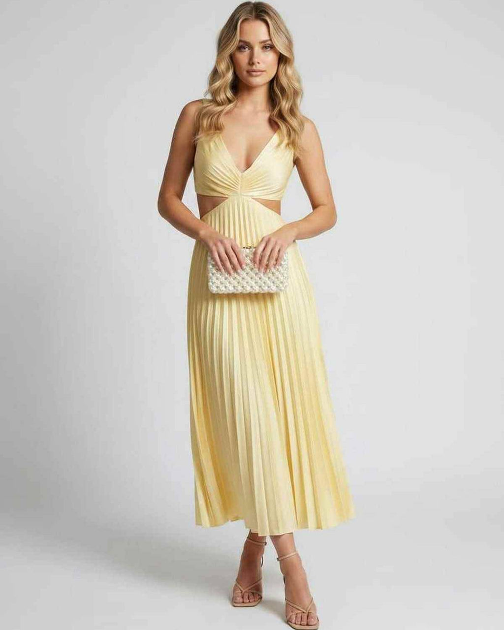 Lunara Midi Dress by Lauven — satin sleeveless V-neck flowing pleated midi dress